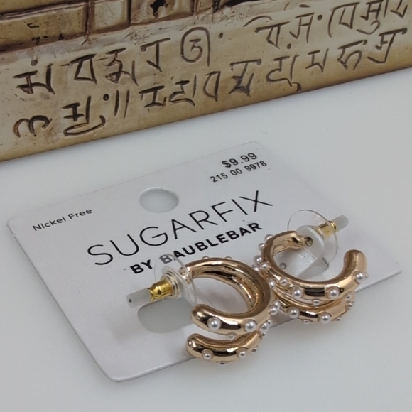 Sugarfix By BaubleBar Gold and White Textured Hoop Earrings - Picture 2 of 3